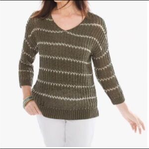 Chico's Green Open Knit B Neck 3/4 Sleeve Sweater Sz 1 (M)